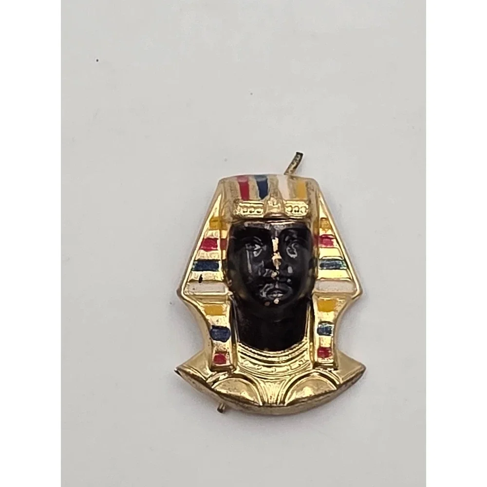 Vintage Egyptian Pharaoh King Tut Brooch Gold Tone Enamel Pin Revival Jewelry